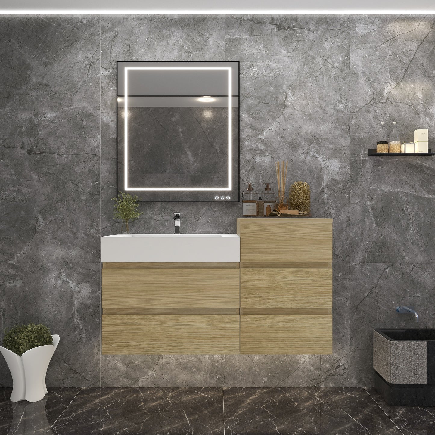 Better Vanity BOW 24"-48" Single Sink Floating Bathroom Vanity Reinforced Acrylic Sink Soft Close Doors & Drawers, Fully Assembled