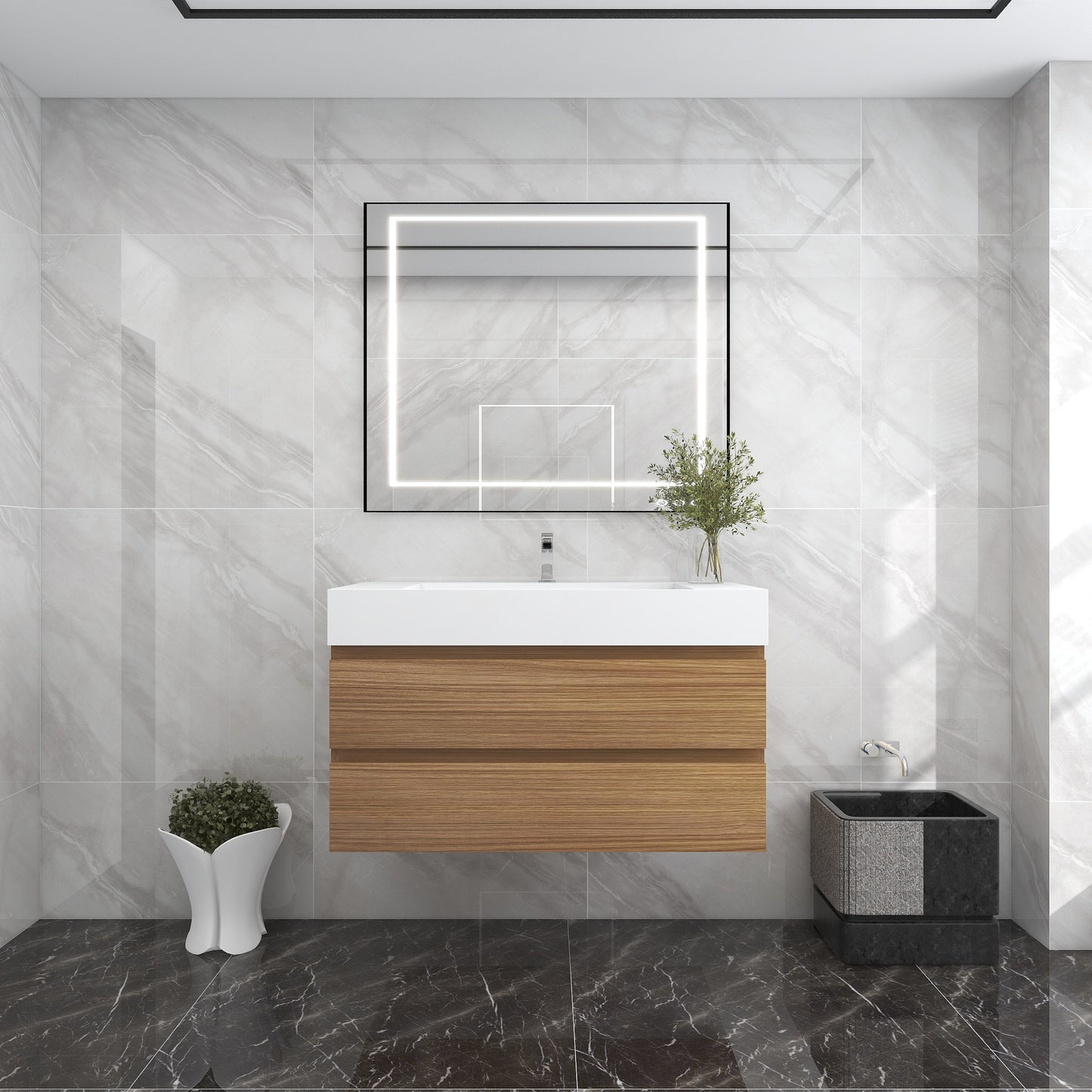 Better Vanity BOW 24"-48" Single Sink Floating Bathroom Vanity Reinforced Acrylic Sink Soft Close Doors & Drawers, Fully Assembled
