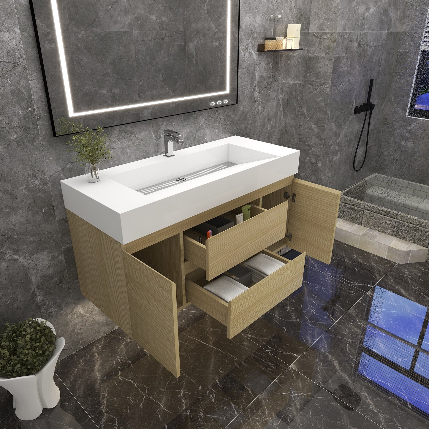 Better Vanity BOW 24"-48" Single Sink Floating Bathroom Vanity Reinforced Acrylic Sink Soft Close Doors & Drawers, Fully Assembled