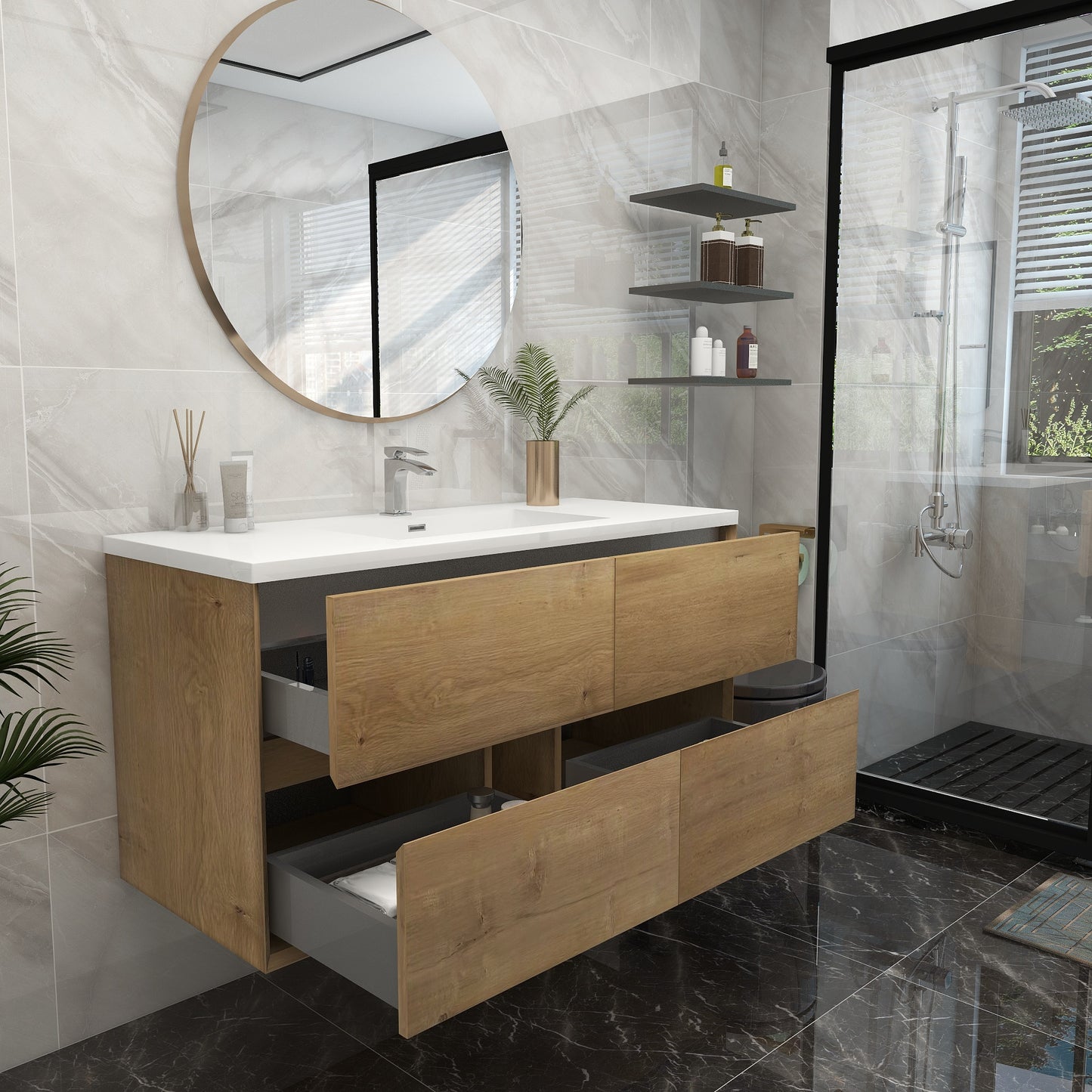 Better Vanity Kingdee 24"-84” Wall-Mounted Floating Bathroom Vanity with Reinforced Acrylic Single Basin Sink, Soft-Close Drawers, Fully Assembled