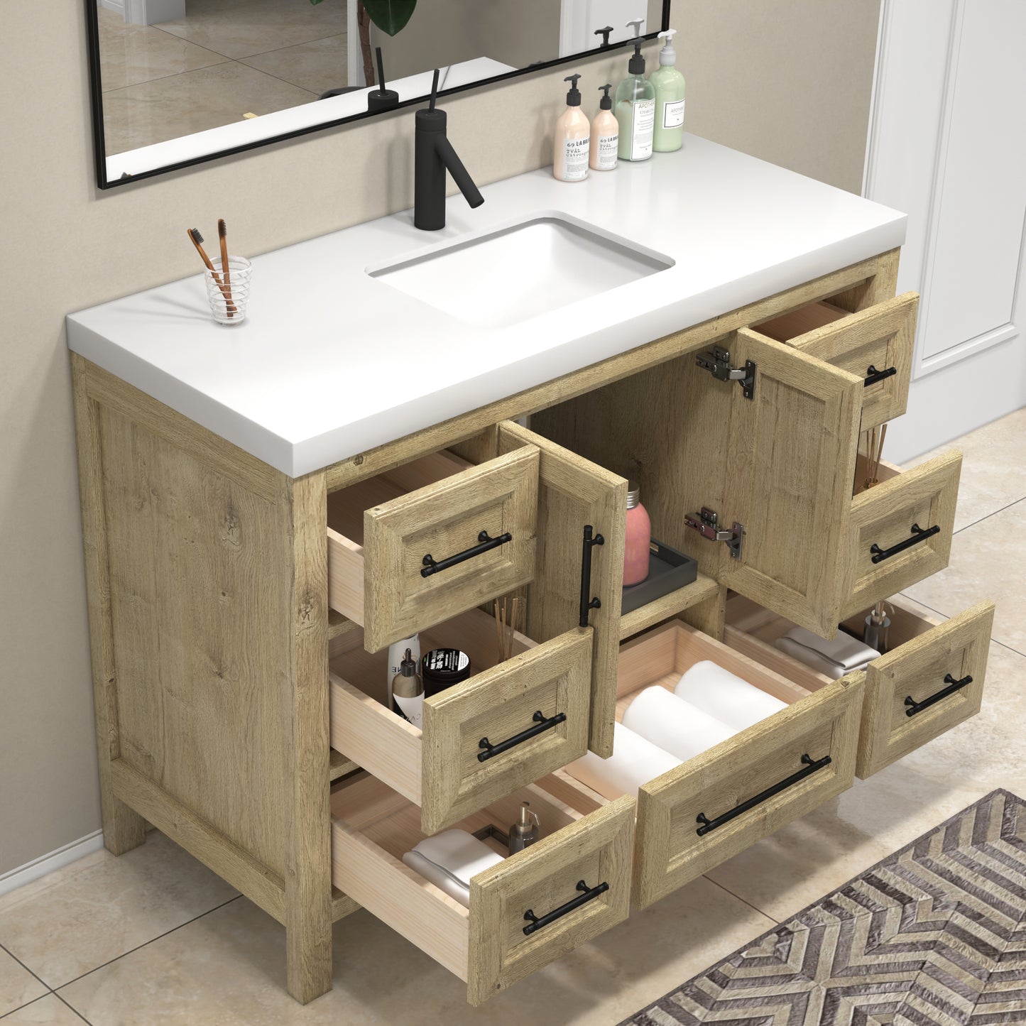 Better Vanity VIV 24"-84" Solid Wood Bathroom Vanity with Reinforced Acrylic Sink, Freestanding Cabinet with Soft Close Doors & Drawers, Fully Assembled